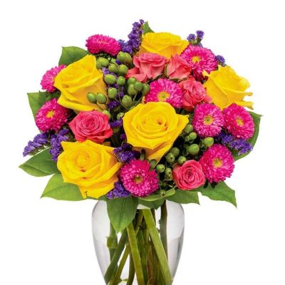 <p>Gushing with vibrant colors, this unique flower arrangement resembles the morning sky. Bright Happy Bouquet is sure to bring any home or office to life with its hot pinks, sweet yellows, pretty purples and its generous cascade of greens. This noteworthy flower arrangement is becomes even more special during the spring and summer months, as weather compliments its warmth.</p>