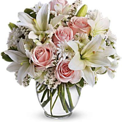 <div id="mark-3" class="m-pdp-tabs-marketing-description">Express your love with the eloquence of Shakespeare - without saying a word. She'll adore this exquisite bouquet of roses and lilies and other pastel favorites in a classic ginger vase. And she'll know just the words to let you know.</div>
<p> </p>
<div id="desc-3">
<ul>
<li>Light pink roses, white asiatic lilies, white alstroemeria and white cushion spray chrysanthemums are mixed with white statice and variegated pittosporum in a clear, rounded vase.</li>
</ul>
</div>